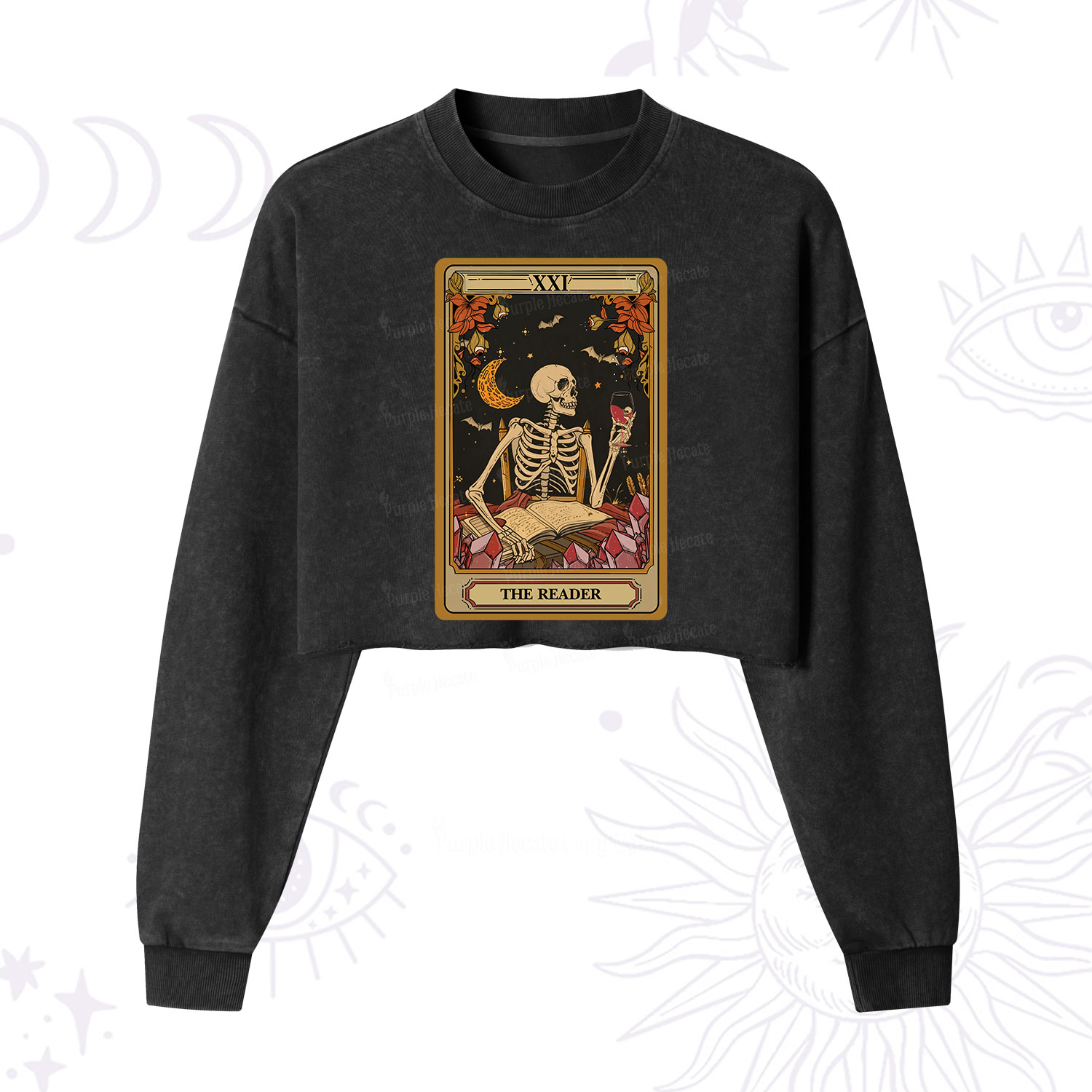 Purplehecate The Reader Tarot Skeleton Cropped Washed Sweatshirt