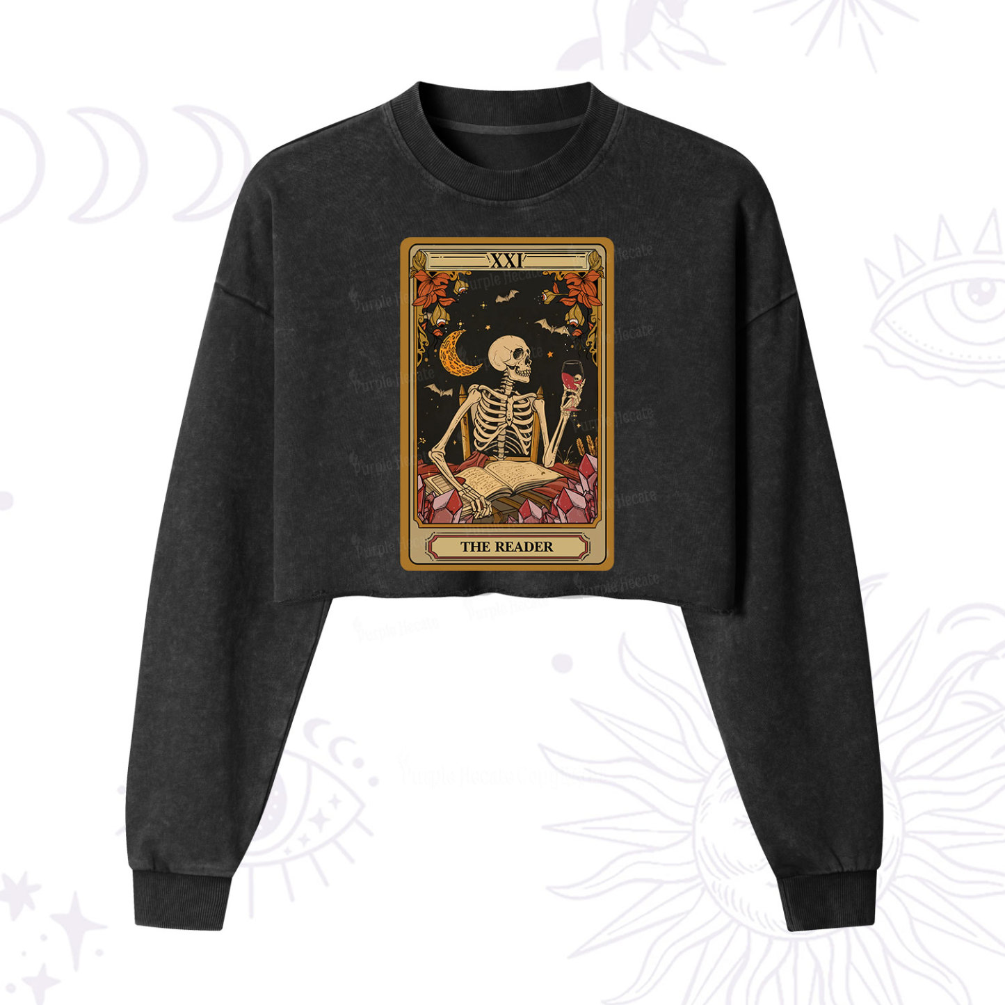 Purplehecate The Reader Tarot Skeleton Cropped Washed Sweatshirt
