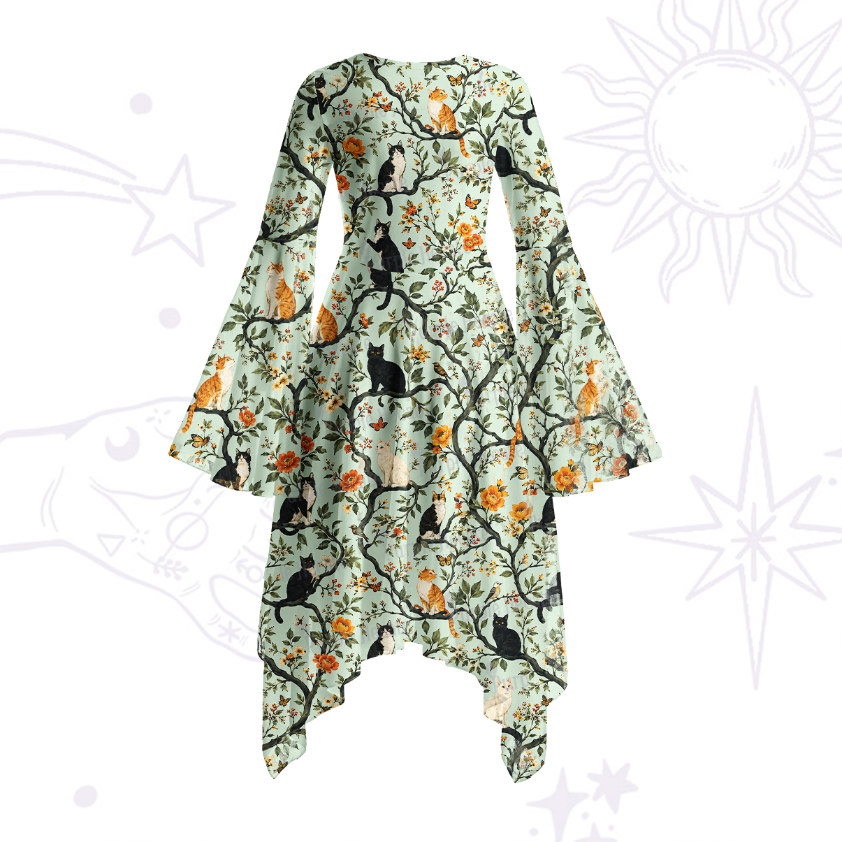 Purplehecate Enchanted Cat Grove Bell Sleeve Dress
