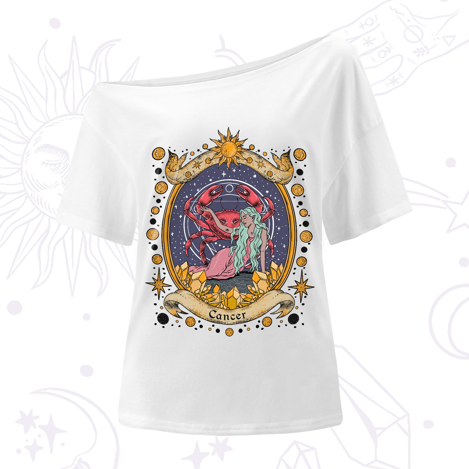 Purplehecate Celestial Cancer Zodiac One-Shoulder T-Shirt