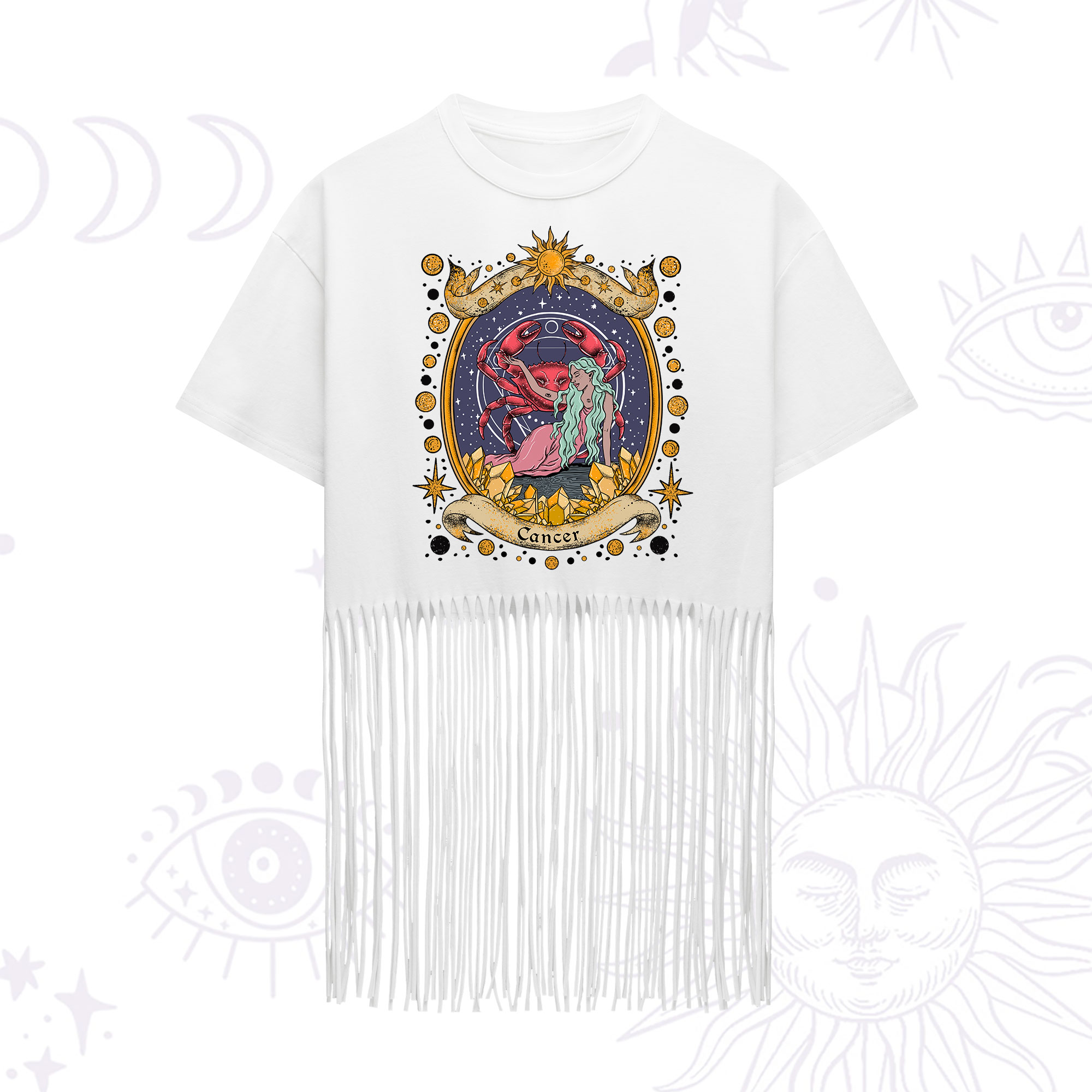 Purplehecate Celestial Cancer Zodiac Fringe Hem T-Shirt