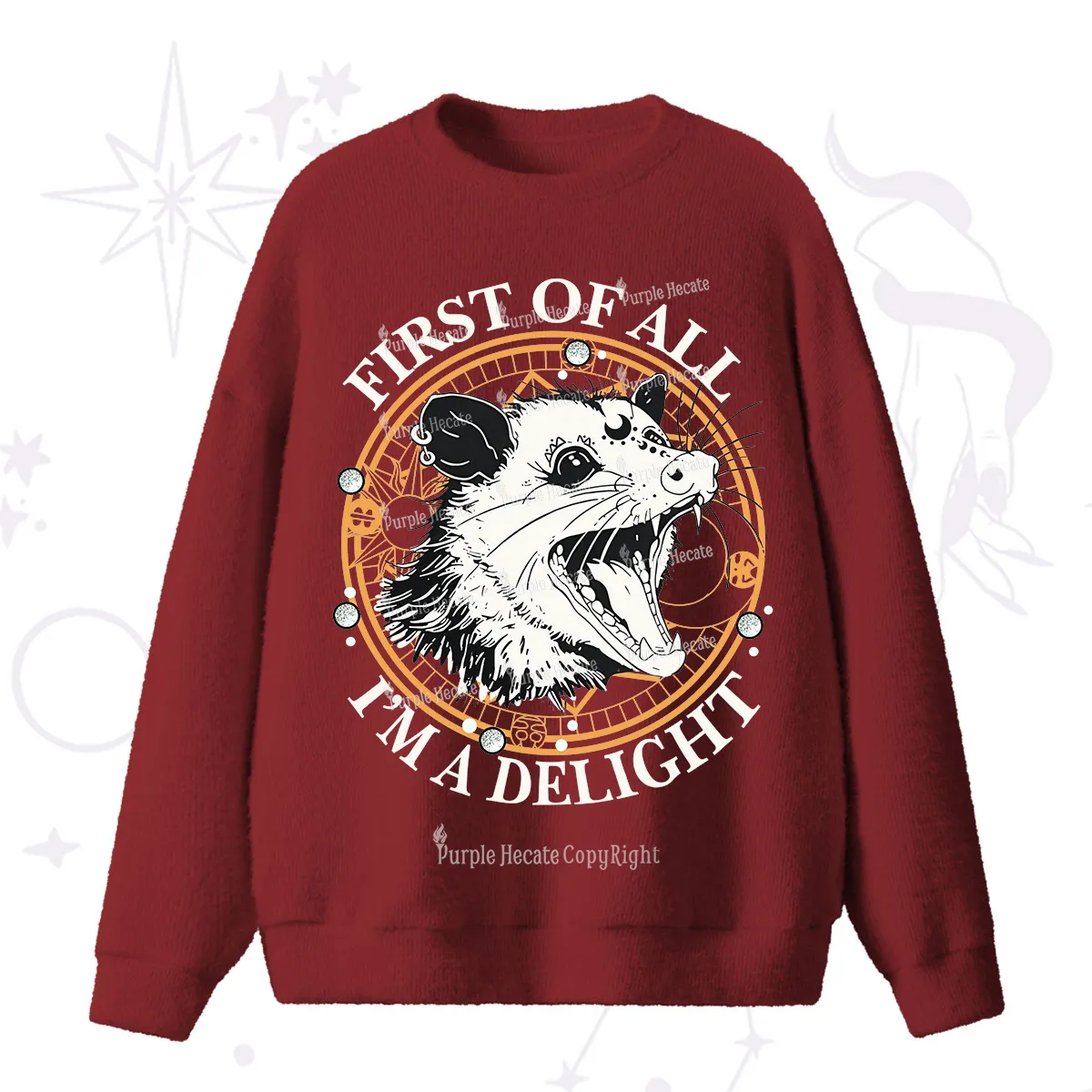 Purplehecate First Of All I Am A Delightful Angry Opossum Fuzzy Ugly Sweater