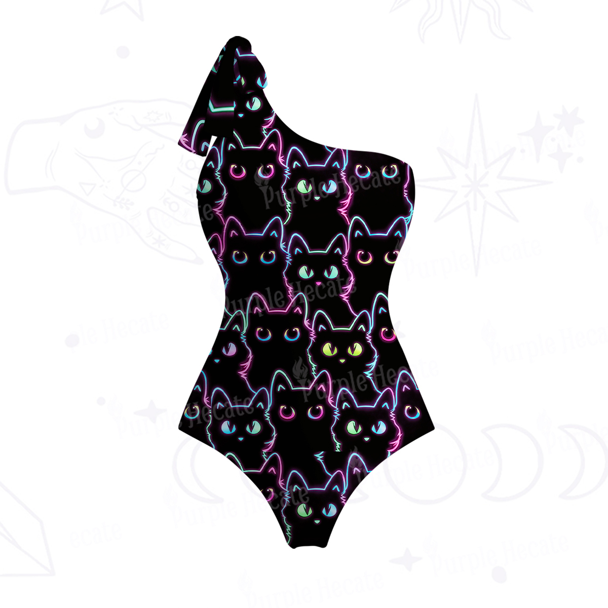 Purplehecate Neon Glow Stacked Cats One-Shoulder One-Piece Swimsuit