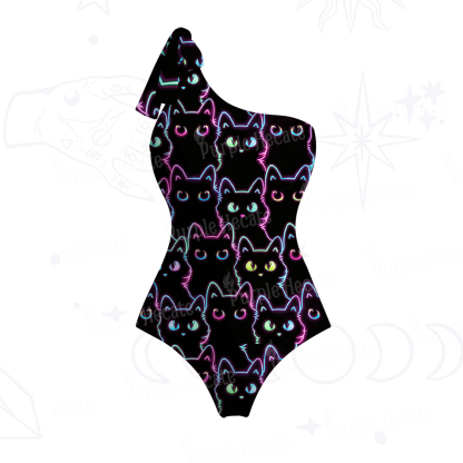 Purplehecate Neon Glow Stacked Cats One-Shoulder One-Piece Swimsuit