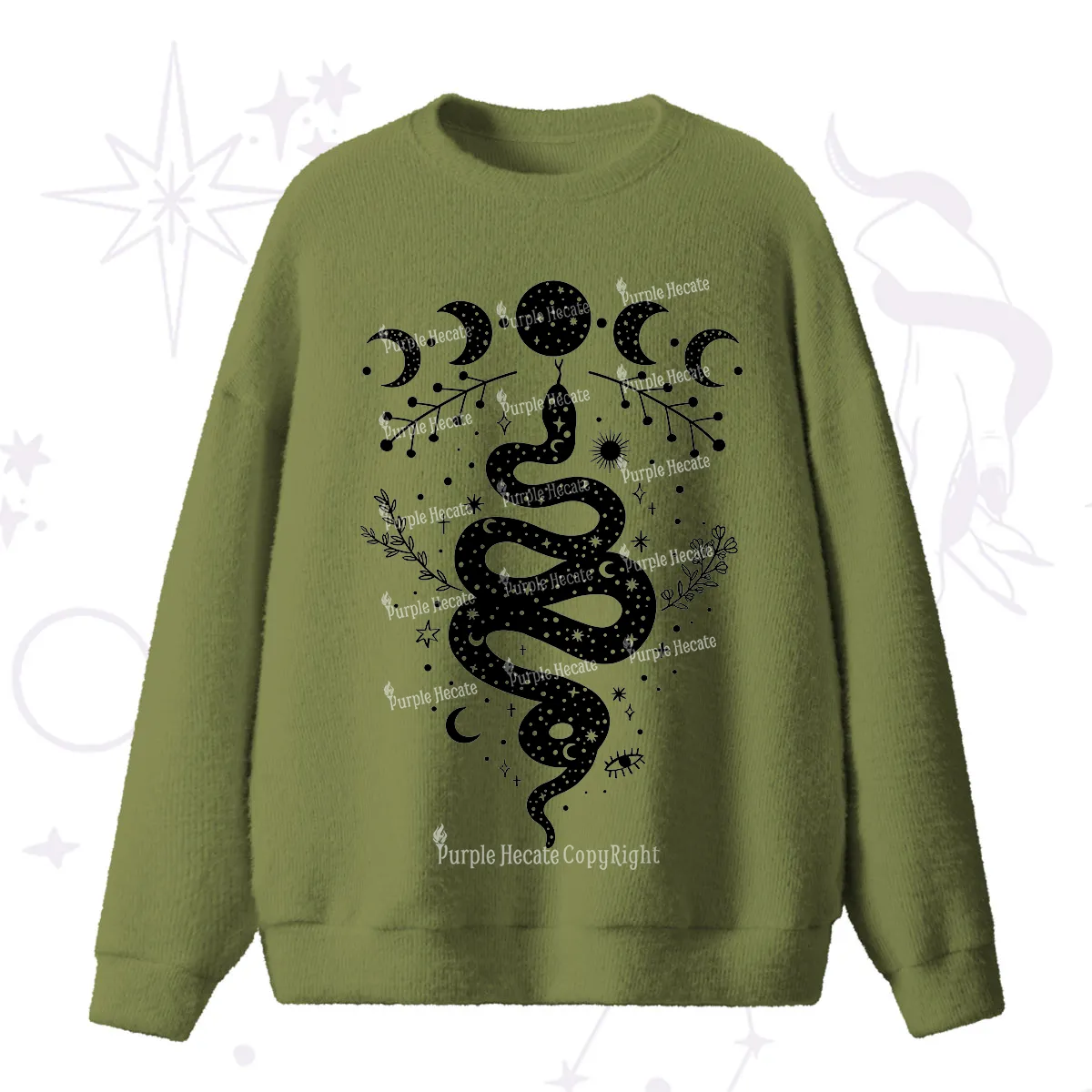 Purplehecate Snake And Moon Phase Comfort Fuzzy Ugly Sweater