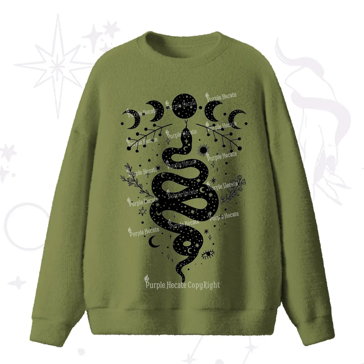 Purplehecate Snake And Moon Phase Comfort Fuzzy Ugly Sweater