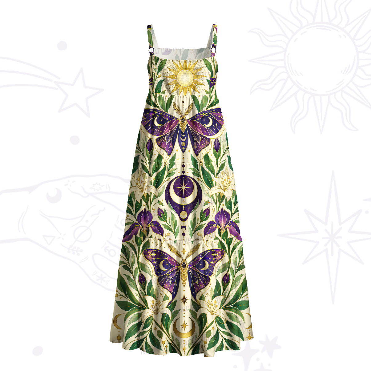 Purplehecate Enchanted Sun‑Moon Moths Wide Straps Maxi Dress