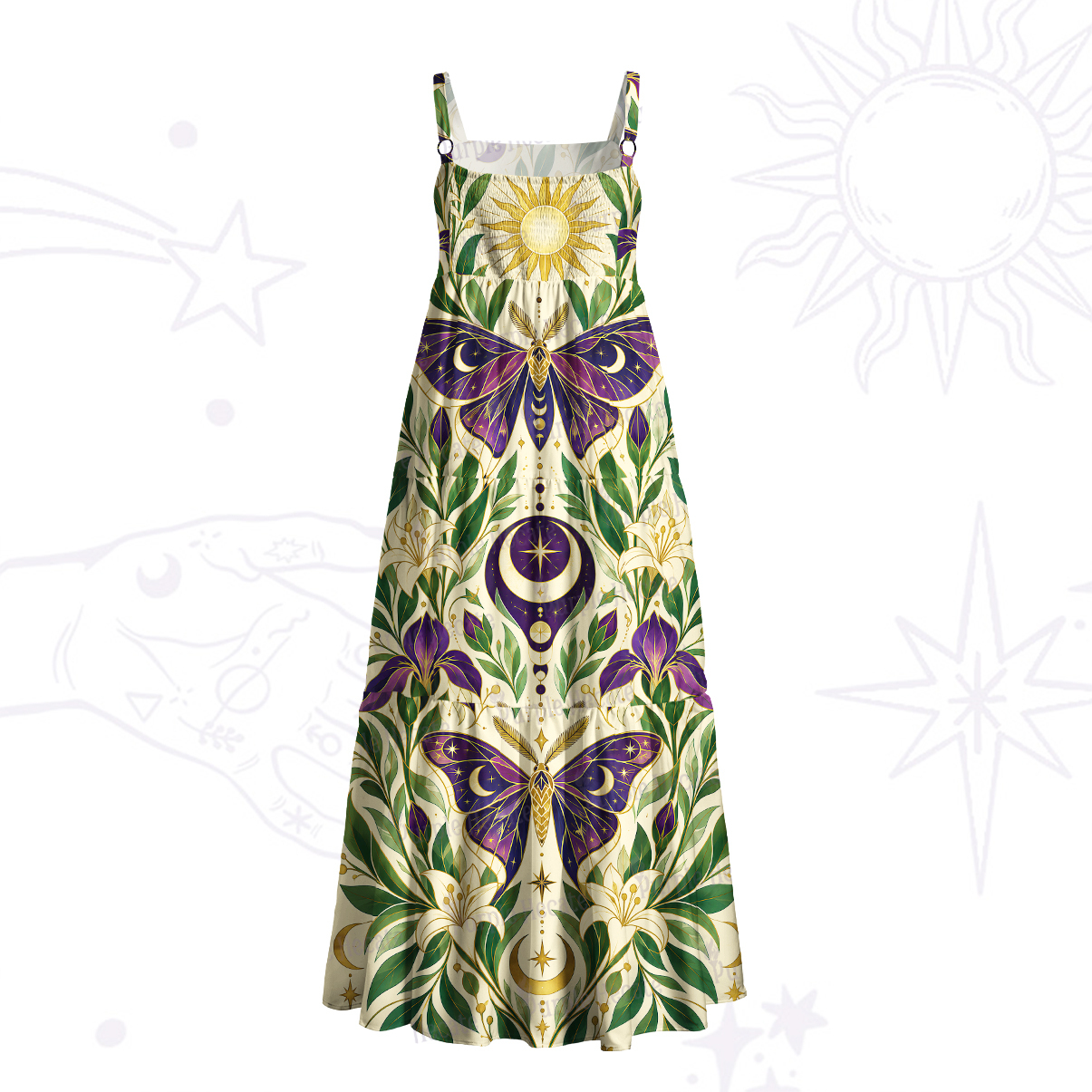 Purplehecate Enchanted Sun‑Moon Moths Wide Straps Maxi Dress