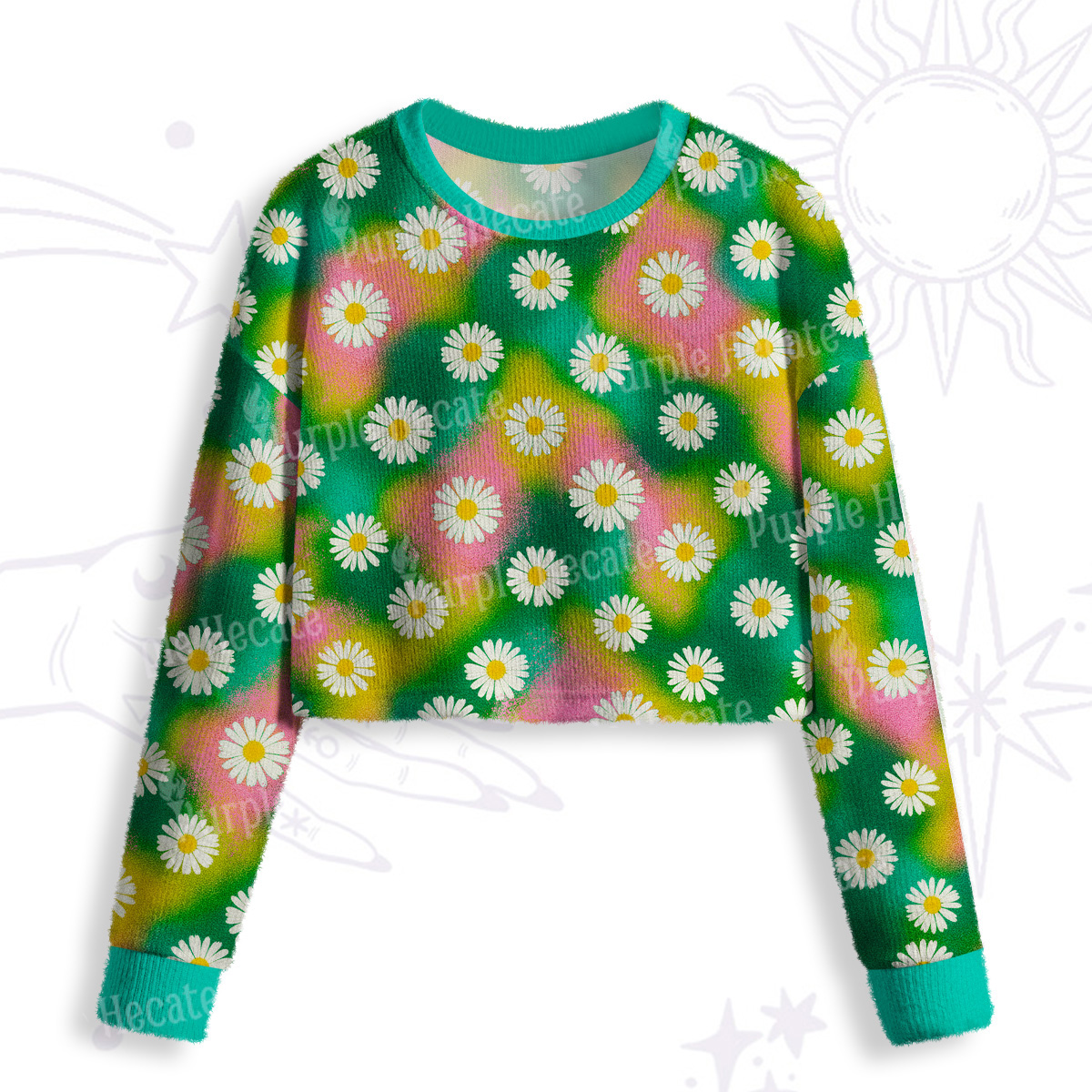 Purplehecate Enchanted Daisy Spring Romance Crop Fuzzy Ugly Sweatshirt