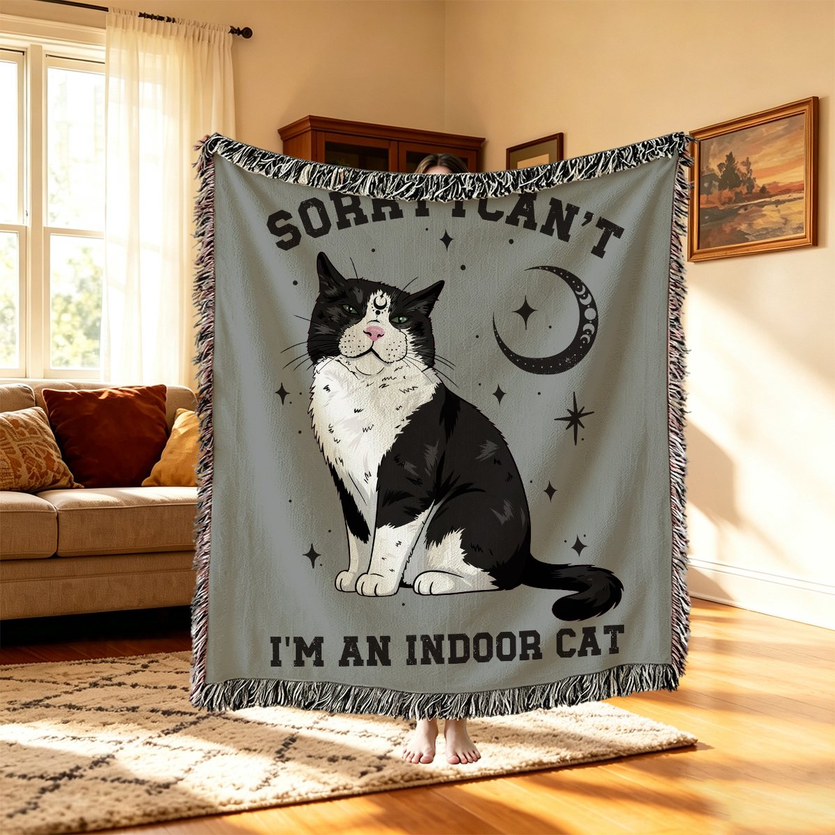 Purplehecate Sorry I Can't Go I'm an Indoor Cat Woven Tapestry Blanket