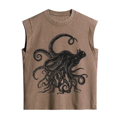 Purplehecate Black Cat with Octopus Tentacles Vintage Washed Tank