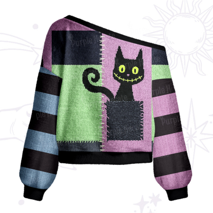 Purplehecate Monster Black Cat One Shoulder Sweaters