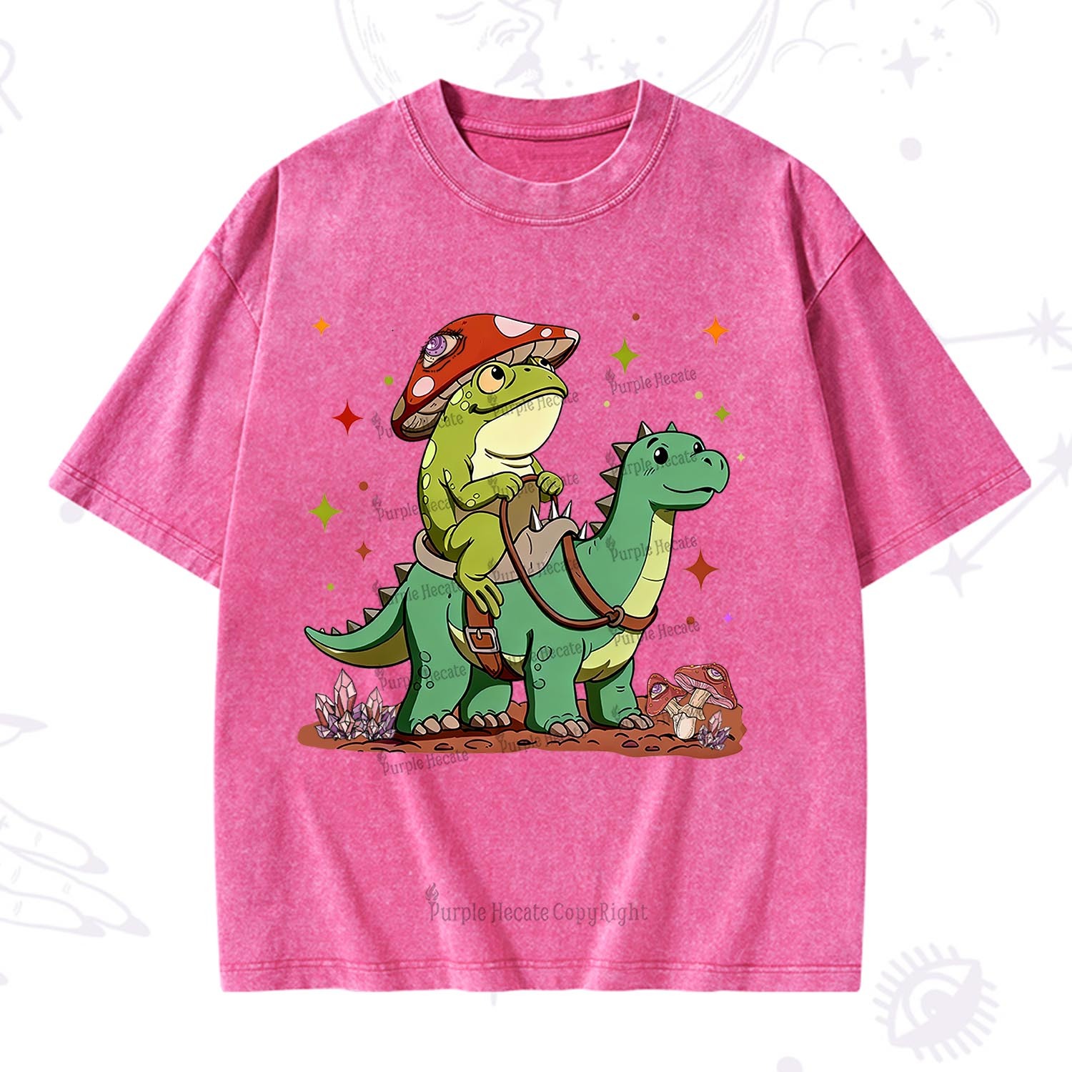 Purplehecate  Frog Riding a Dinosaur Washed T-Shirt