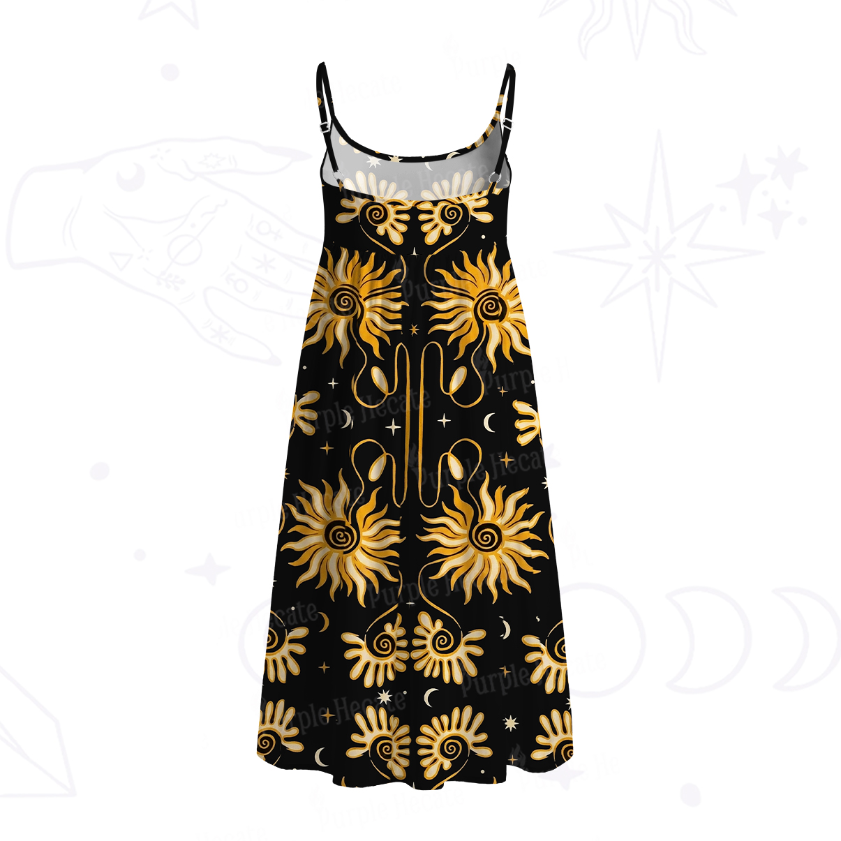 Purplehecate Golden Cosmic Sunflower Spaghetti Strap Midi Dress
