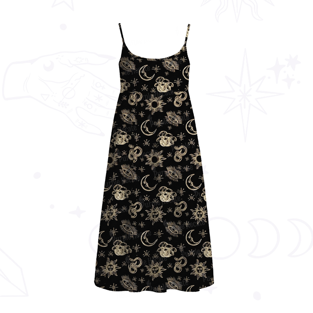 Purplehecate Celestial Moon Serpent Spaghetti Strap Midi Dress