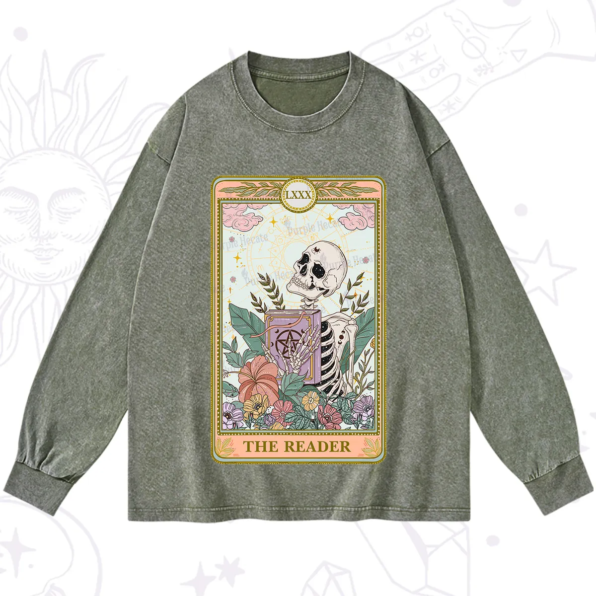 Purplehecate The Reader Occult Tarot Skeleton Washed Long Sleeve Shirt