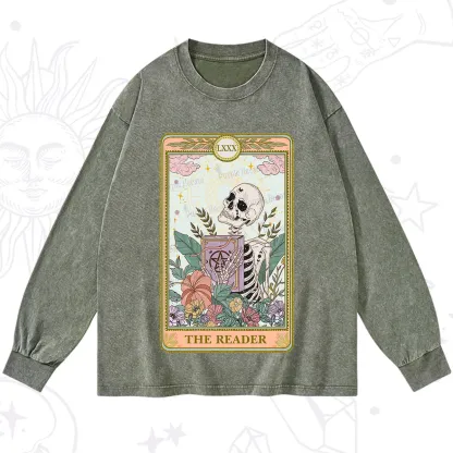 Purplehecate The Reader Occult Tarot Skeleton Washed Long Sleeve Shirt