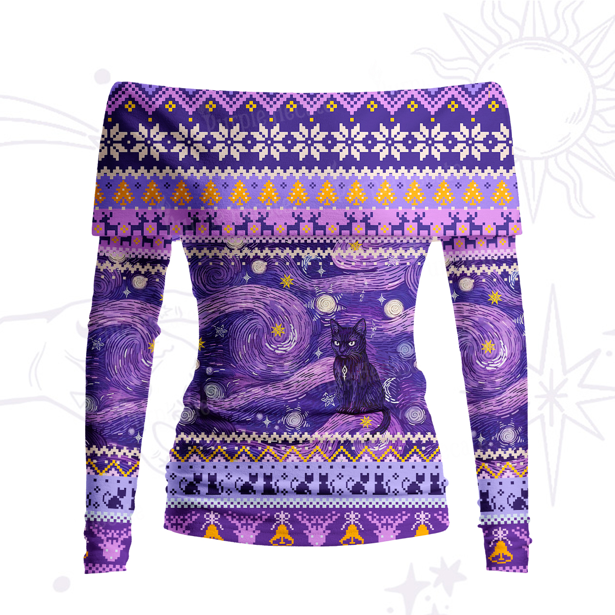 Purplehecate Mystic Cat Beneath the Cosmic Veil Off Shoulder Long Sleeve Knit Top