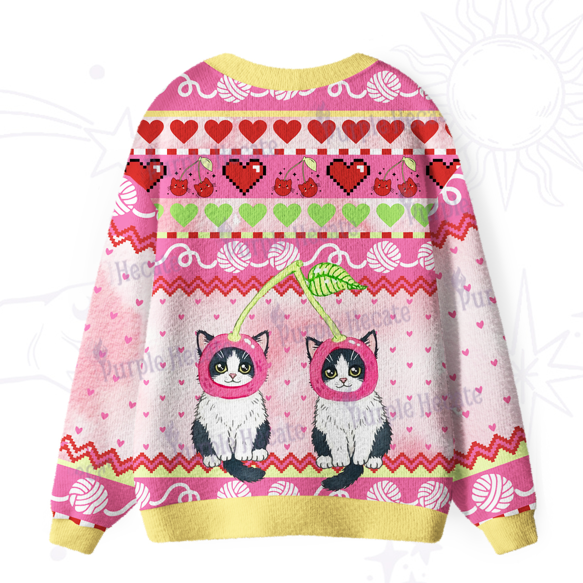 Purplehecate Sweet Cherry Cats Ugly Cardigan Sweaters