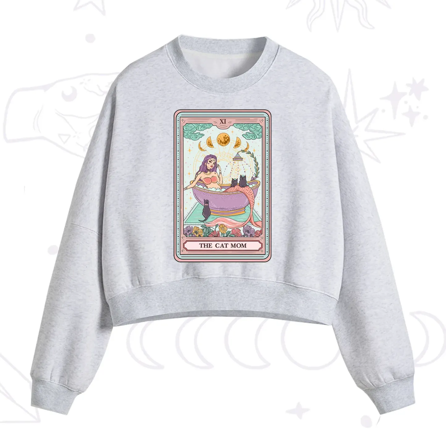 Purplehecate The Cat Mermaid Mom Tarot Card Fleece Cropped Sweatshirt