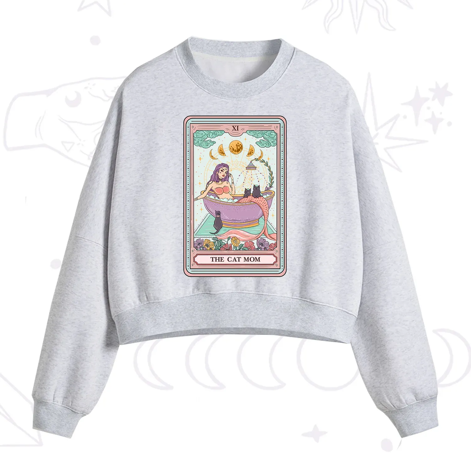 Purplehecate The Cat Mermaid Mom Tarot Card Fleece Cropped Sweatshirt