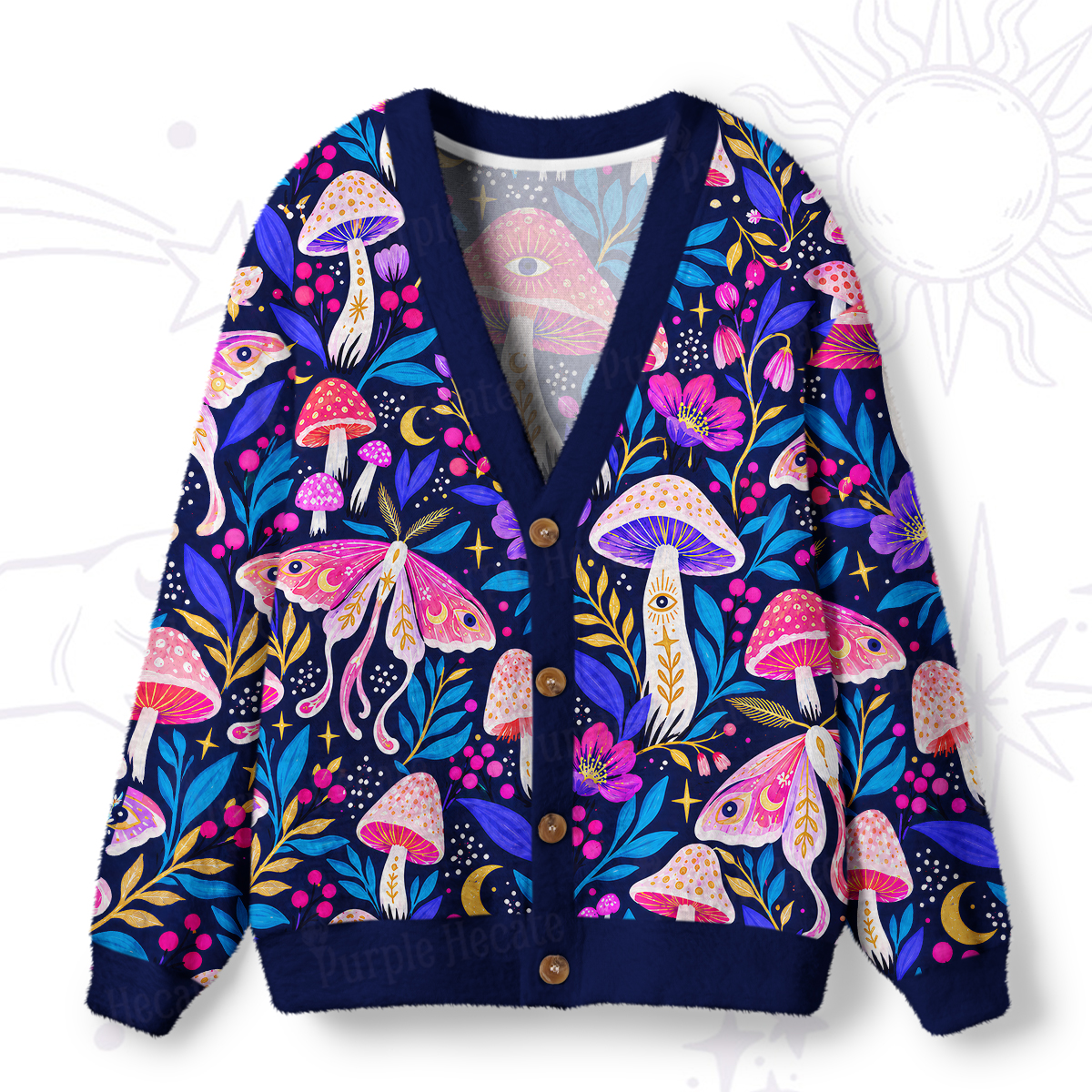 Purplehecate Midnight Magic Mushrooms and Moths Ugly Cardigan Sweaters
