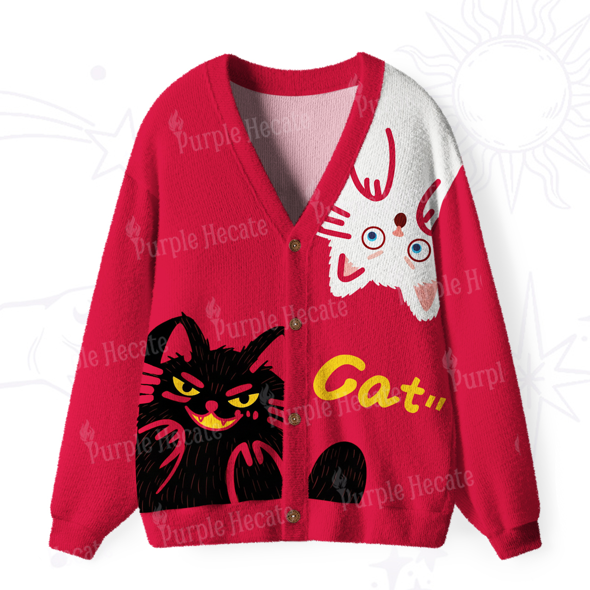 Purplehecate Mischievous Cat Lovers Ugly Cardigan Sweaters
