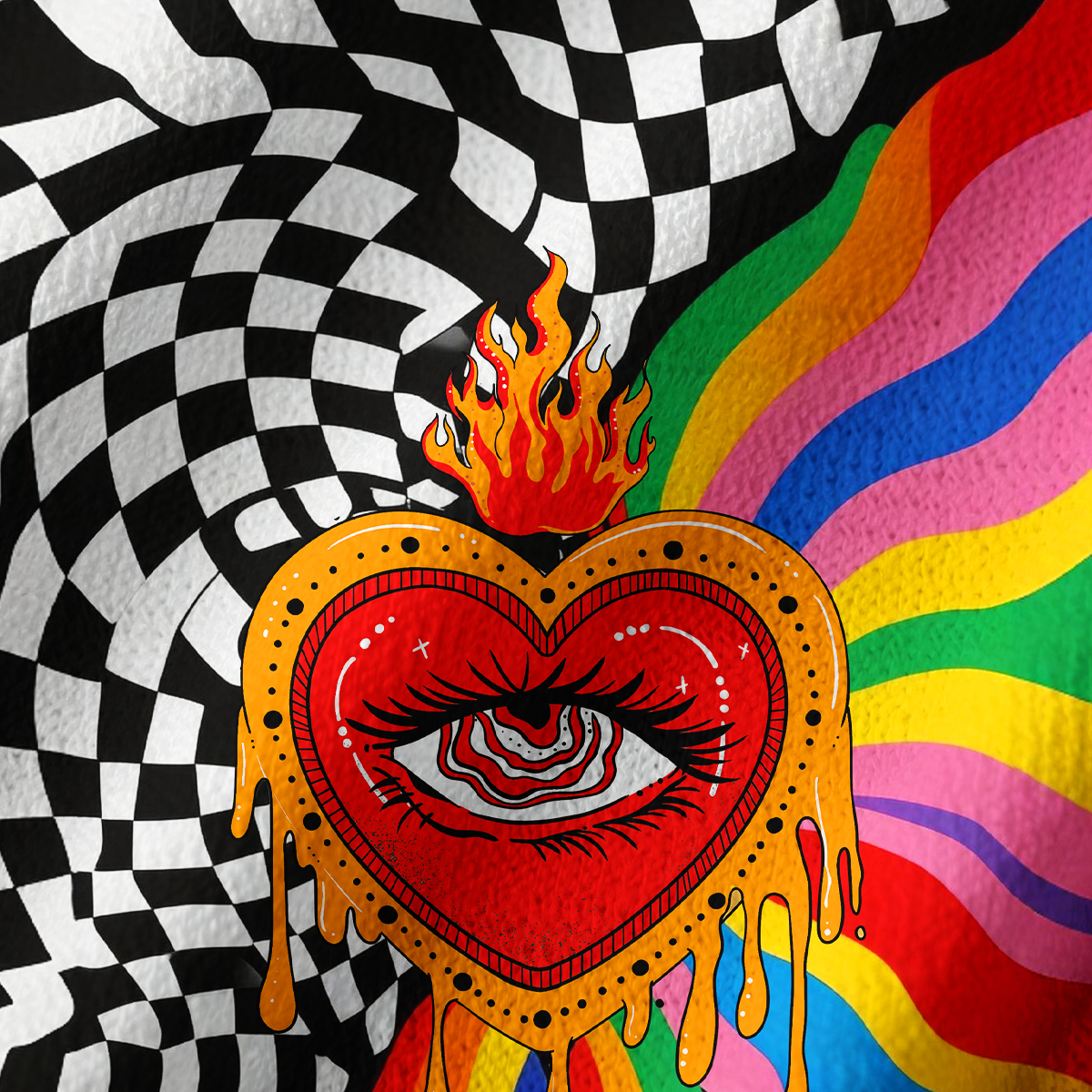 Purplehecate Trippy Rainbow Heart Eye Off Shoulder Long Sleeve Knit Top
