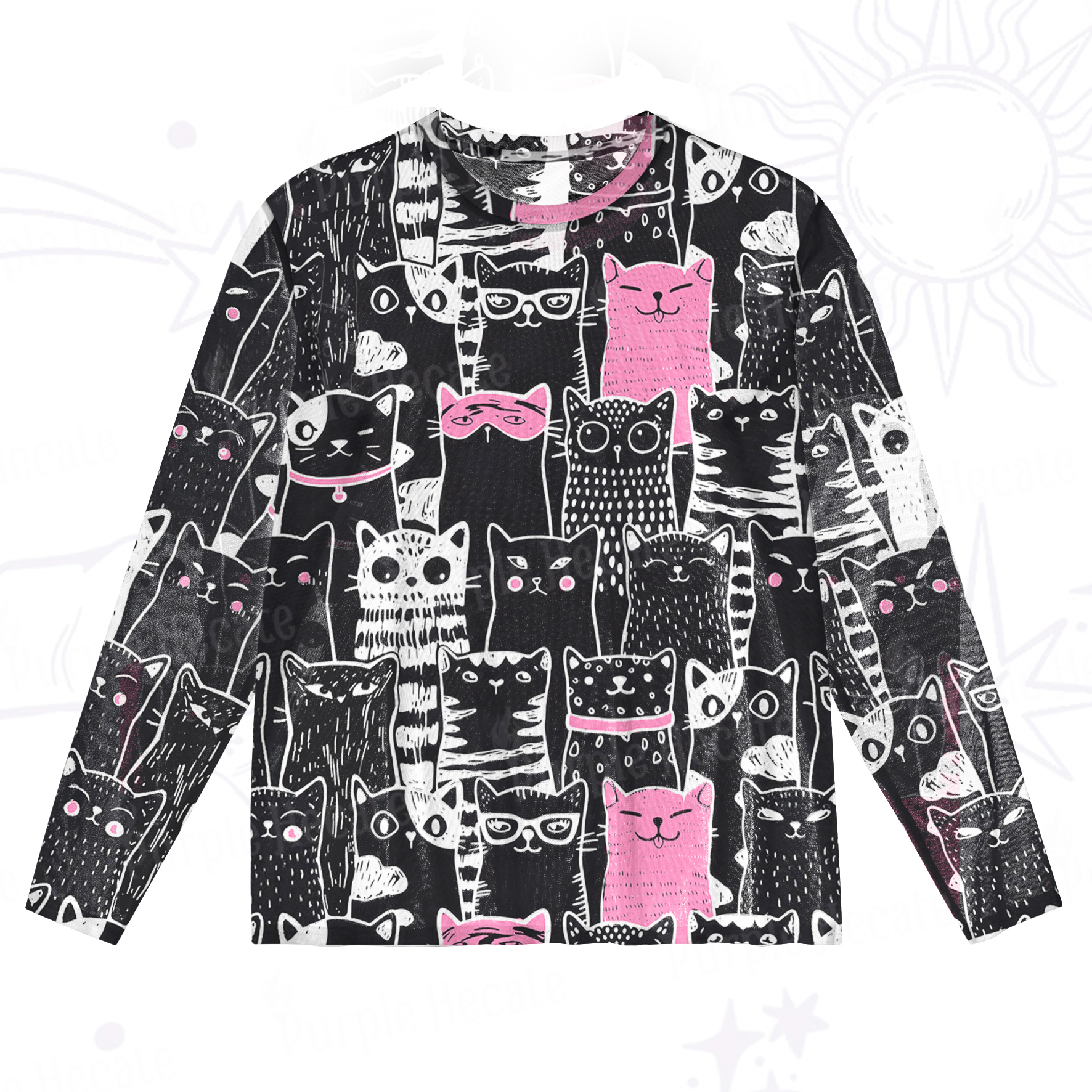 Purplehecate Cute Cat All Over Print Mesh Long Sleeve Top