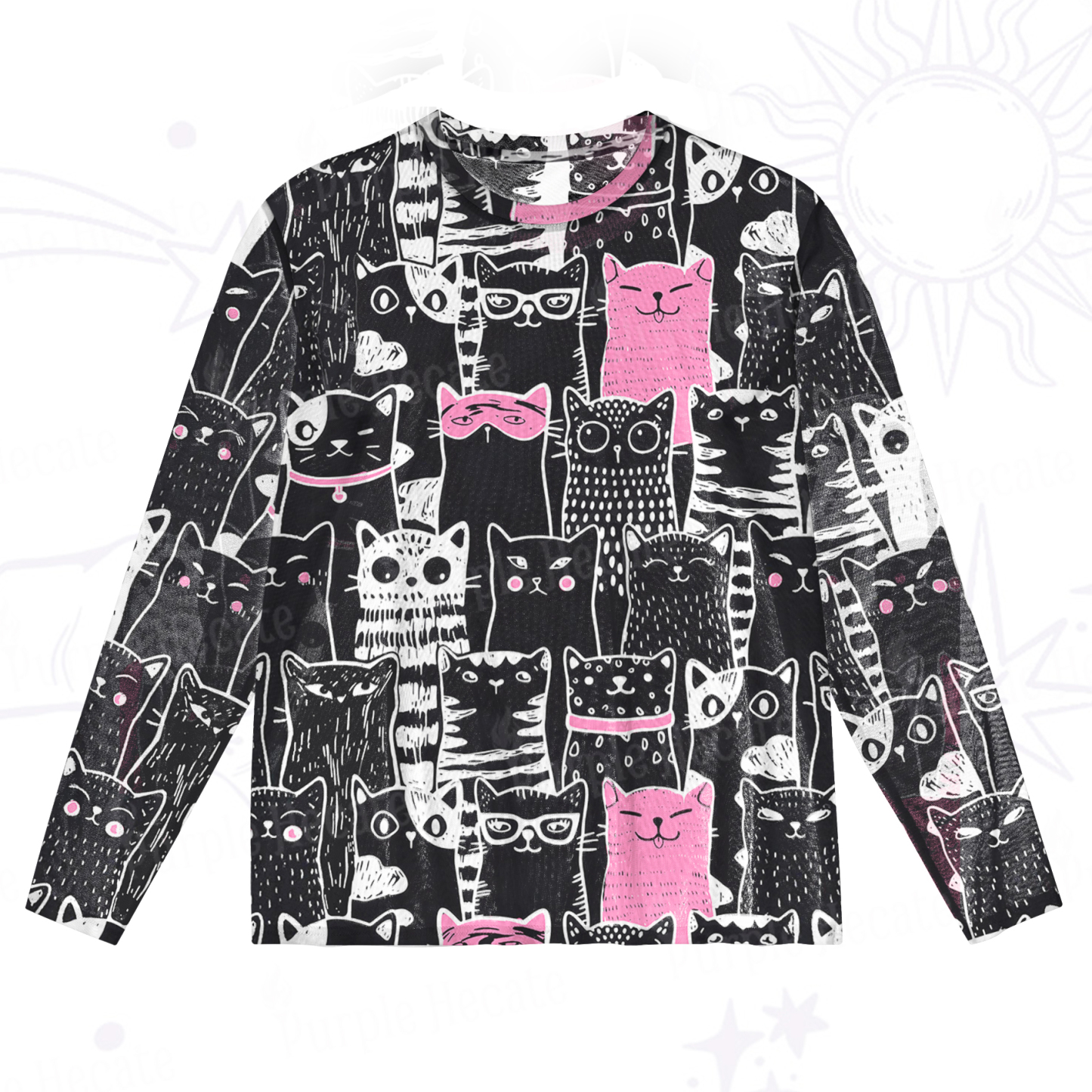 Purplehecate Cute Cat All Over Print Mesh Long Sleeve Top