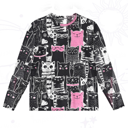 Purplehecate Cute Cat All Over Print Mesh Long Sleeve Top
