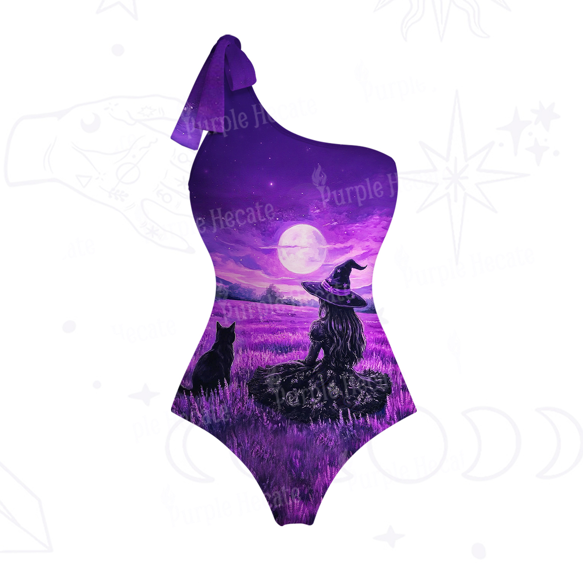 Purplehecate Dreamy Purple Witch and Black Cat One-Shoulder One-Piece Swimsuit