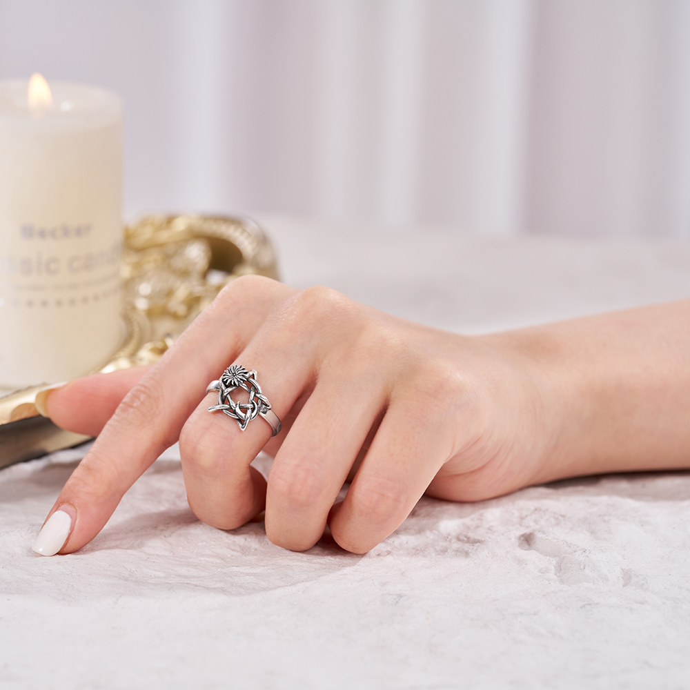 Purplehecate Flower and Vines Pentagram Sterling Silver Ring