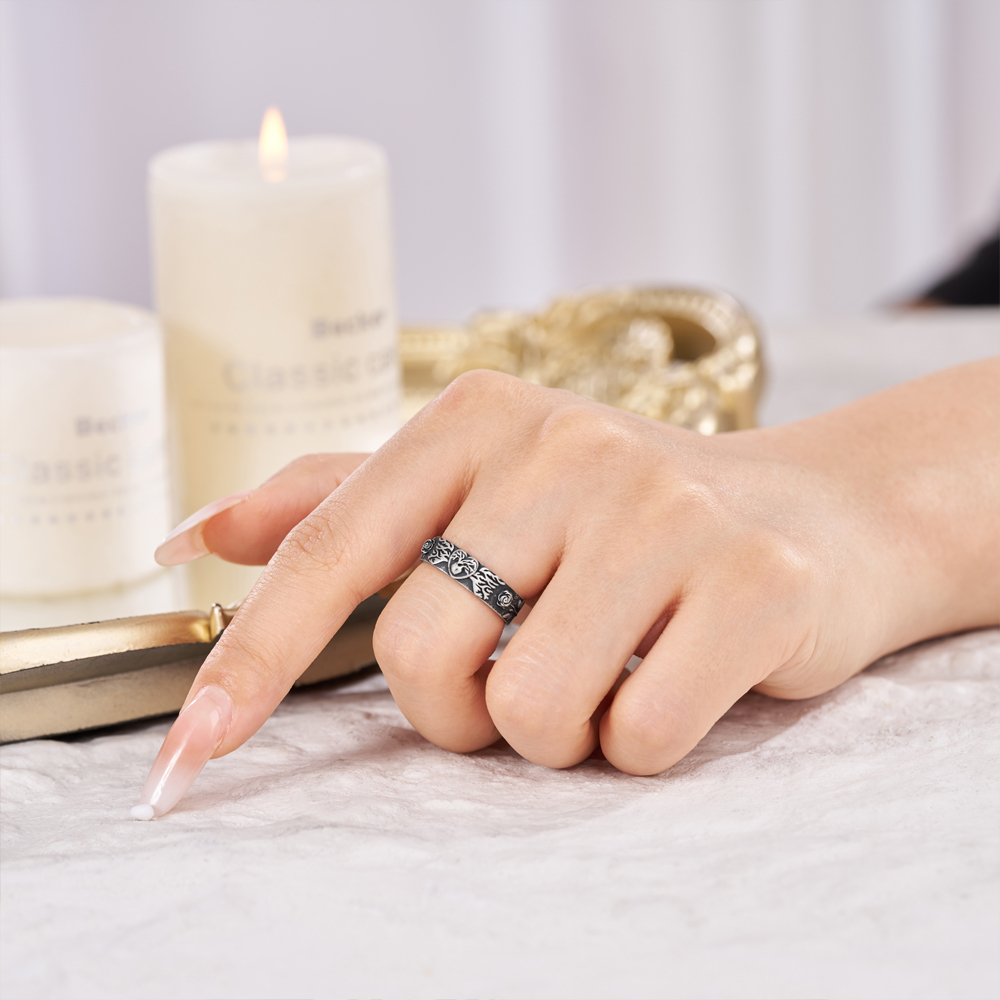 Purplehecate Flaming Heart and Rose Sterling Silver Ring