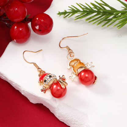Purplehecate Christmas Snowman Pearl Diamond Earrings