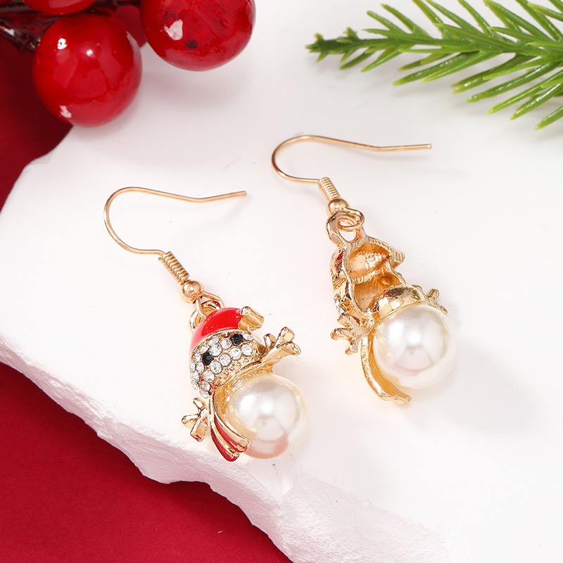 Purplehecate Christmas Snowman Pearl Diamond Earrings