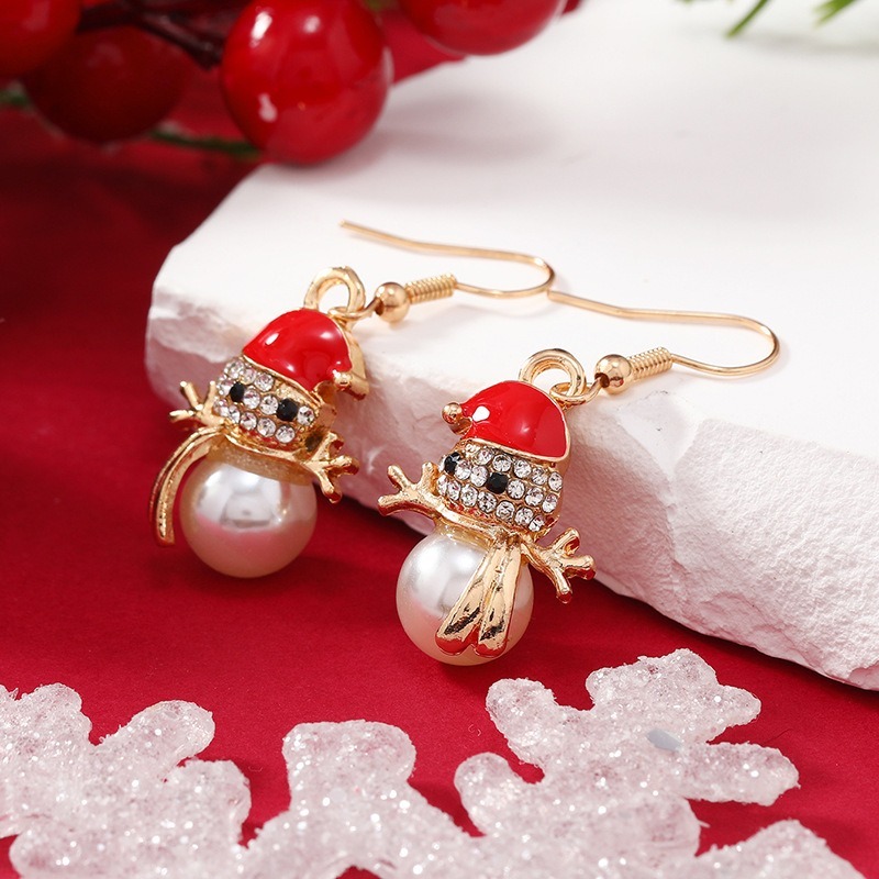 Purplehecate Christmas Snowman Pearl Diamond Earrings