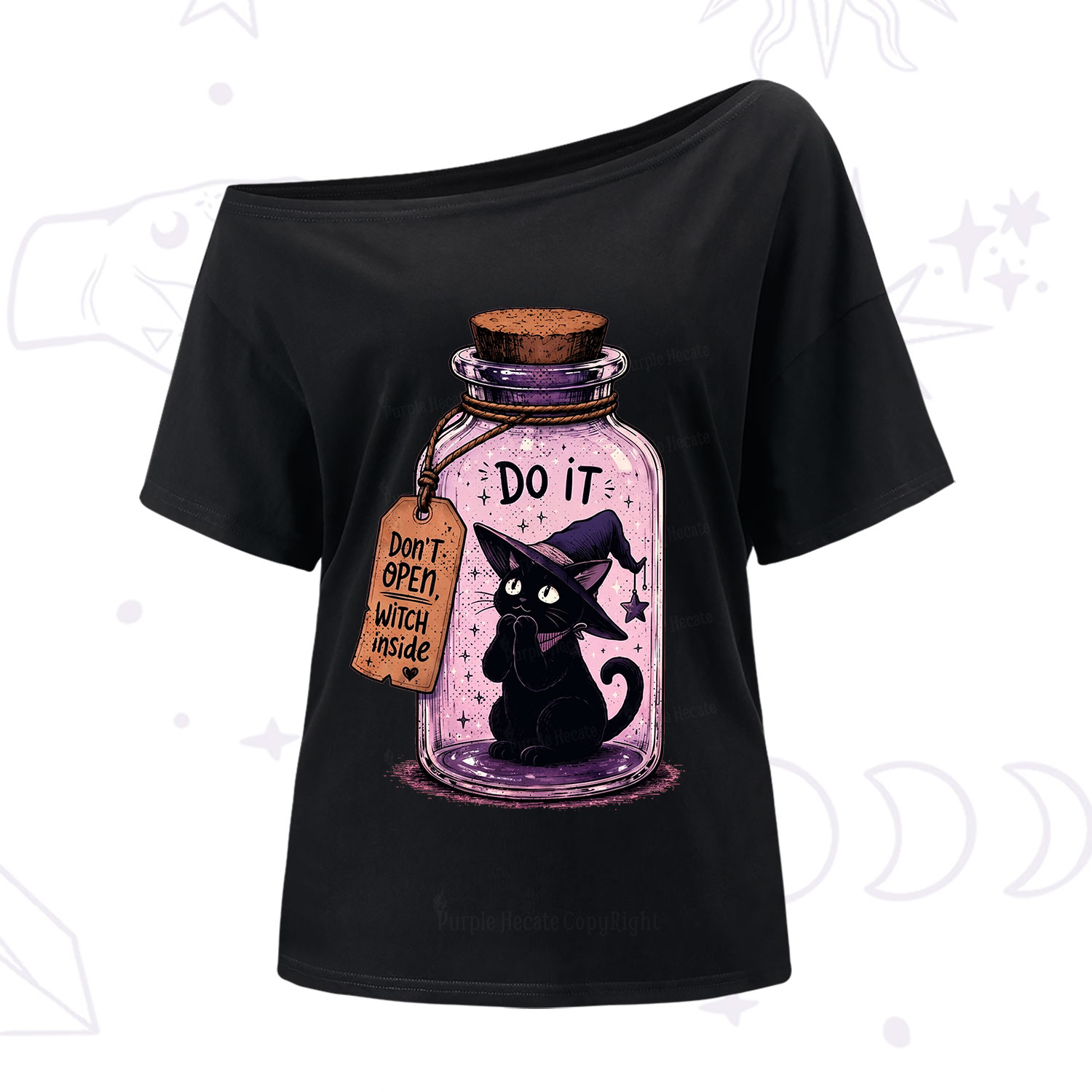 Purplehecate Witchy Cat in a Bottle One Shoulder T-Shirt