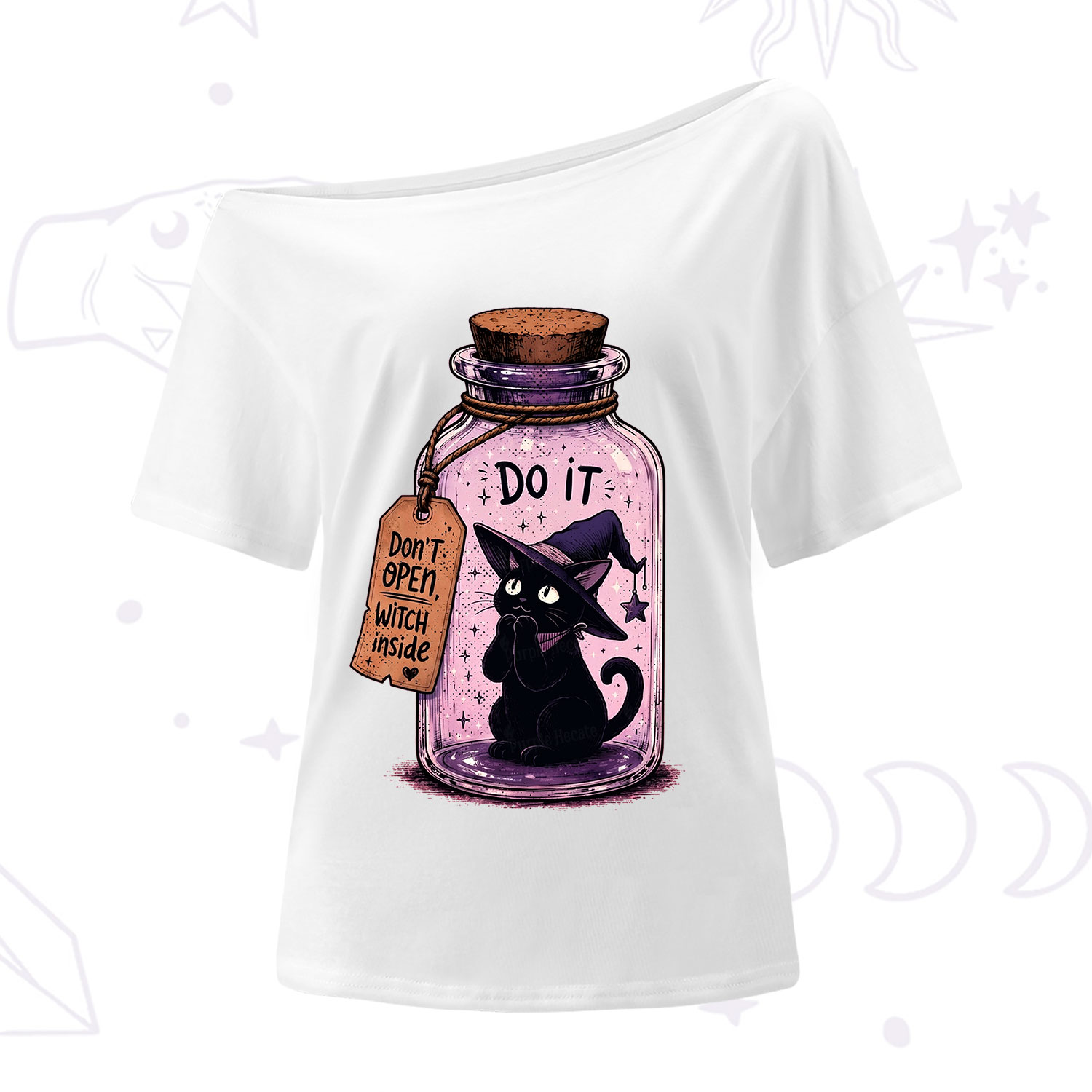 Purplehecate Witchy Cat in a Bottle One Shoulder T-Shirt