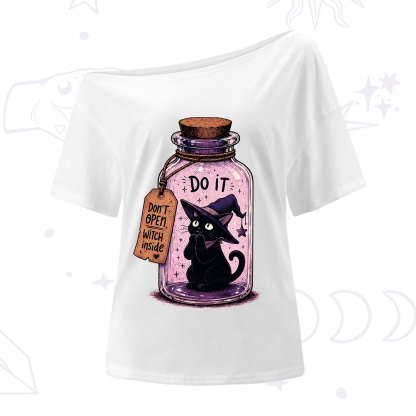 Purplehecate Witchy Cat in a Bottle One Shoulder T-Shirt