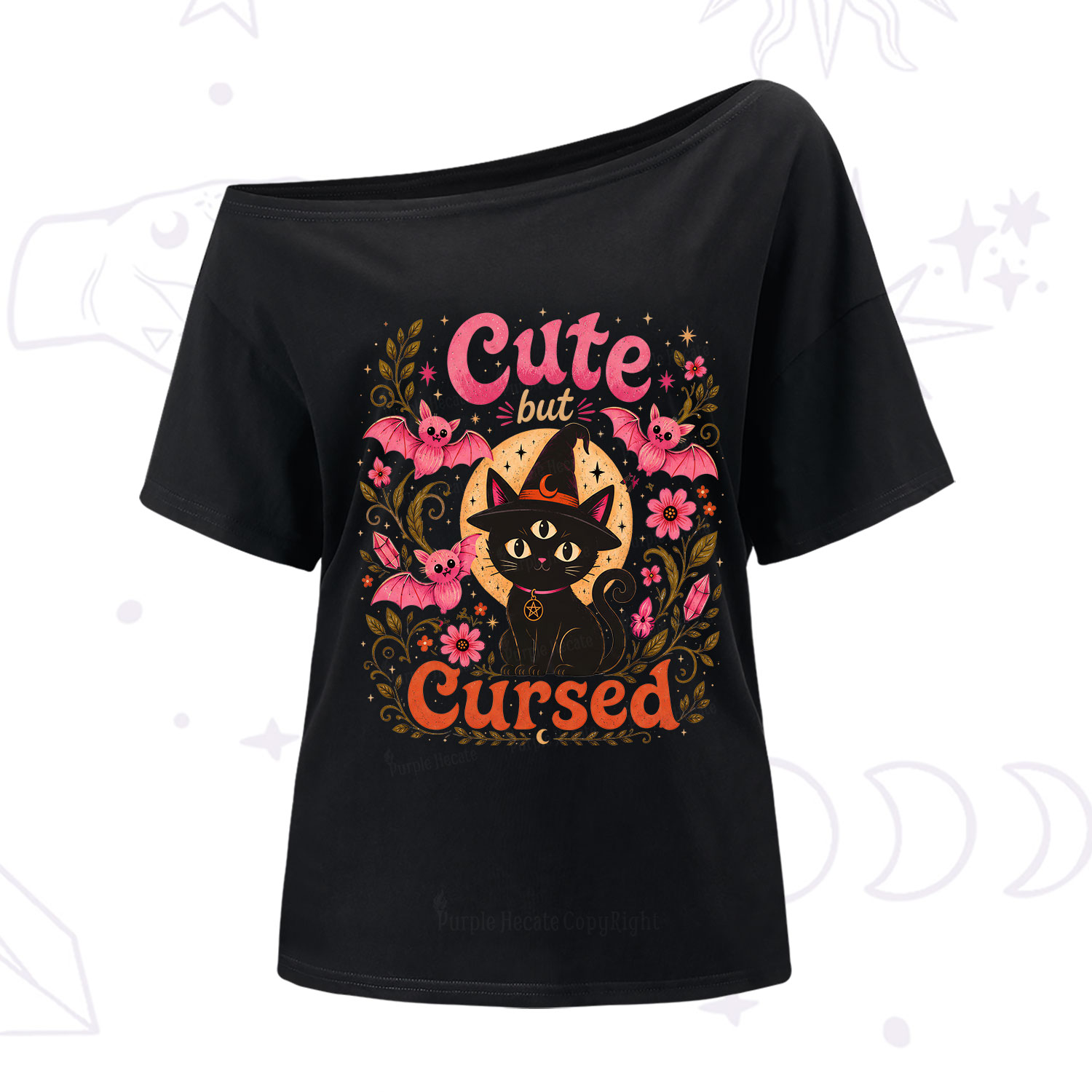 Purplehecate Cute but Cursed Black Cat One Shoulder T-Shirt