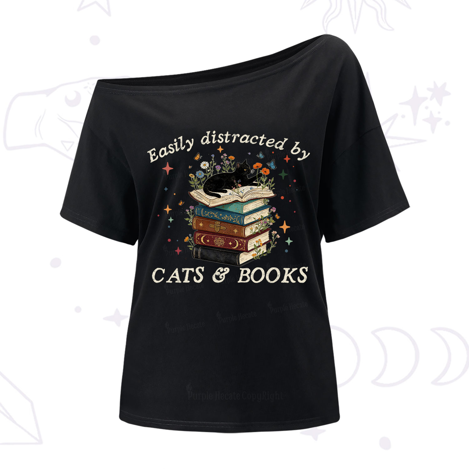 Purplehecate Easily Distracted By Cats And Books One Shoulder T-Shirt