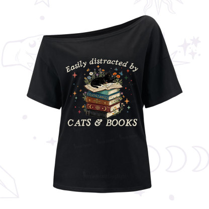 Purplehecate Easily Distracted By Cats And Books One Shoulder T-Shirt