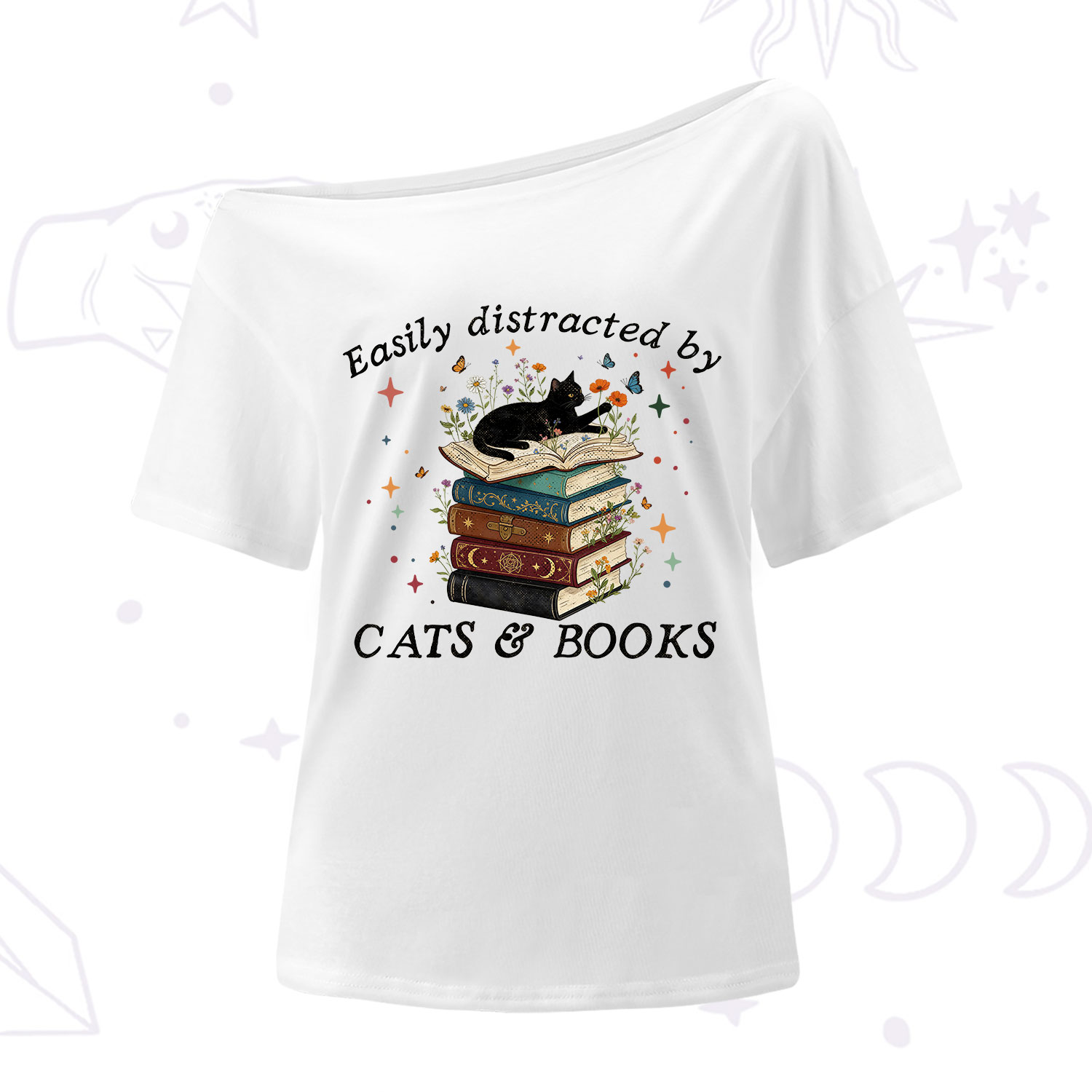 Purplehecate Easily Distracted By Cats And Books One Shoulder T-Shirt