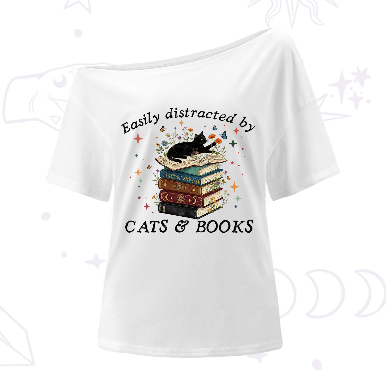 Purplehecate Easily Distracted By Cats And Books One Shoulder T-Shirt