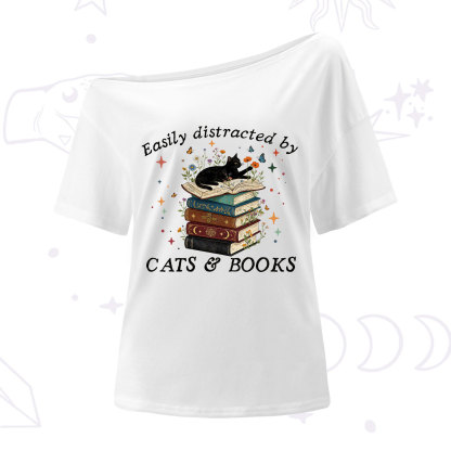 Purplehecate Easily Distracted By Cats And Books One Shoulder T-Shirt