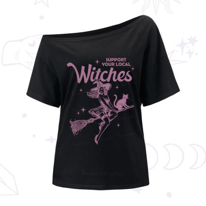 Purplehecate Support Your Local Witches Funny Witch One Shoulder T-Shirt