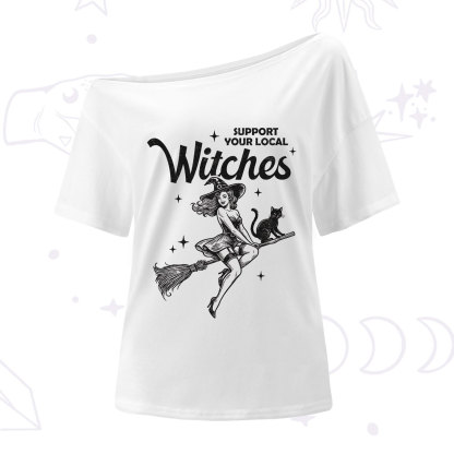 Purplehecate Support Your Local Witches Funny Witch One Shoulder T-Shirt