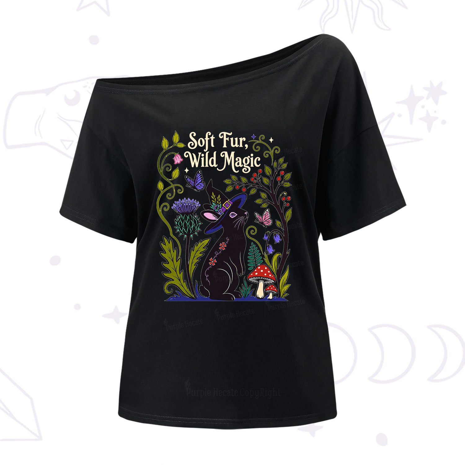 Purplehecate Soft Fur Wild Magic Black Bunny One Shoulder T-Shirt