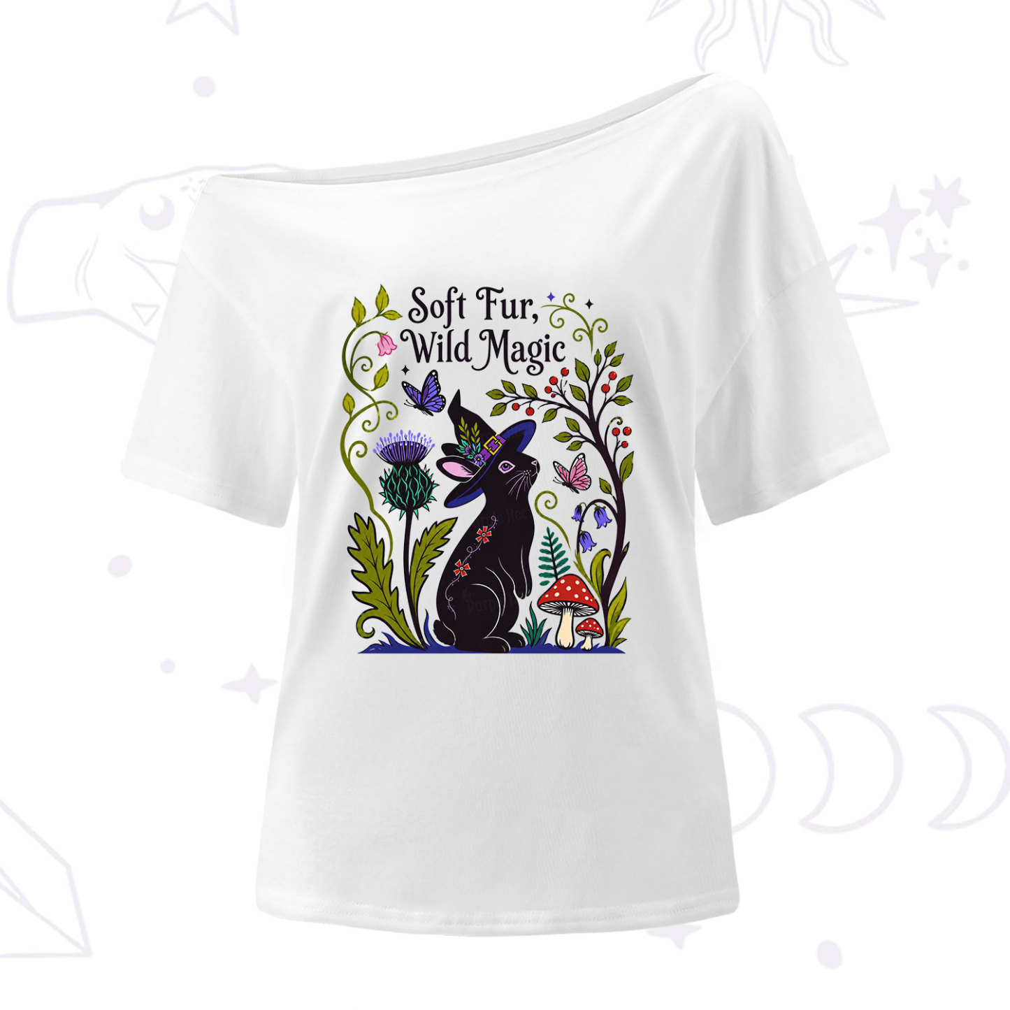 Purplehecate Soft Fur Wild Magic Black Bunny One Shoulder T-Shirt
